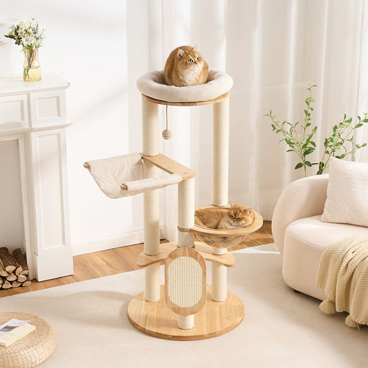 Modern Solid Wood Cat Tree for Indoor Cats Up to 15lbs, 49" Tall Cat Tower with Scratching Posts & Scratcher, Large Cat Bed, Hammock, Capsule Nest, Dangling Ball, Multi-Level Cat Furniture