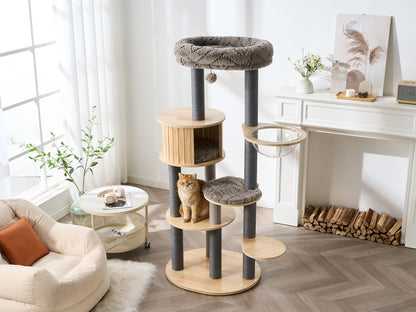 48" Modern Cat Tree for Indoor Cats with Scratching Posts, Multi-Level Wooden Cat Tower with Spacious Top Bed, Condo, Capsule Perch, Furniture-Style Cat Activity Center