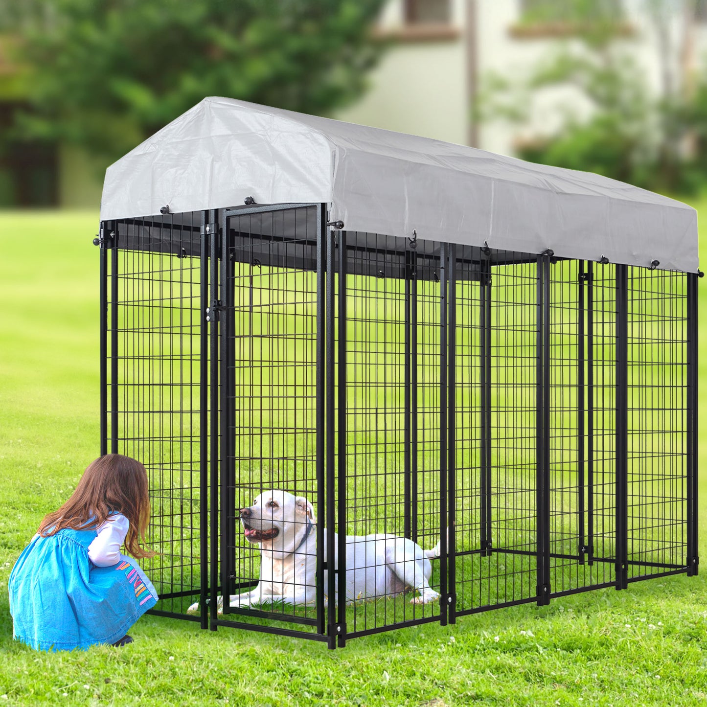 HITTITE Large Outdoor Dog Kennel, Heavy Duty Outdoor Dog Cage, Anti-Rust Dog Pens Outdoor with Waterproof UV-Resistant Cover and Secure Lock for Backyard,8'L x4' W x 6'H（with Roof）