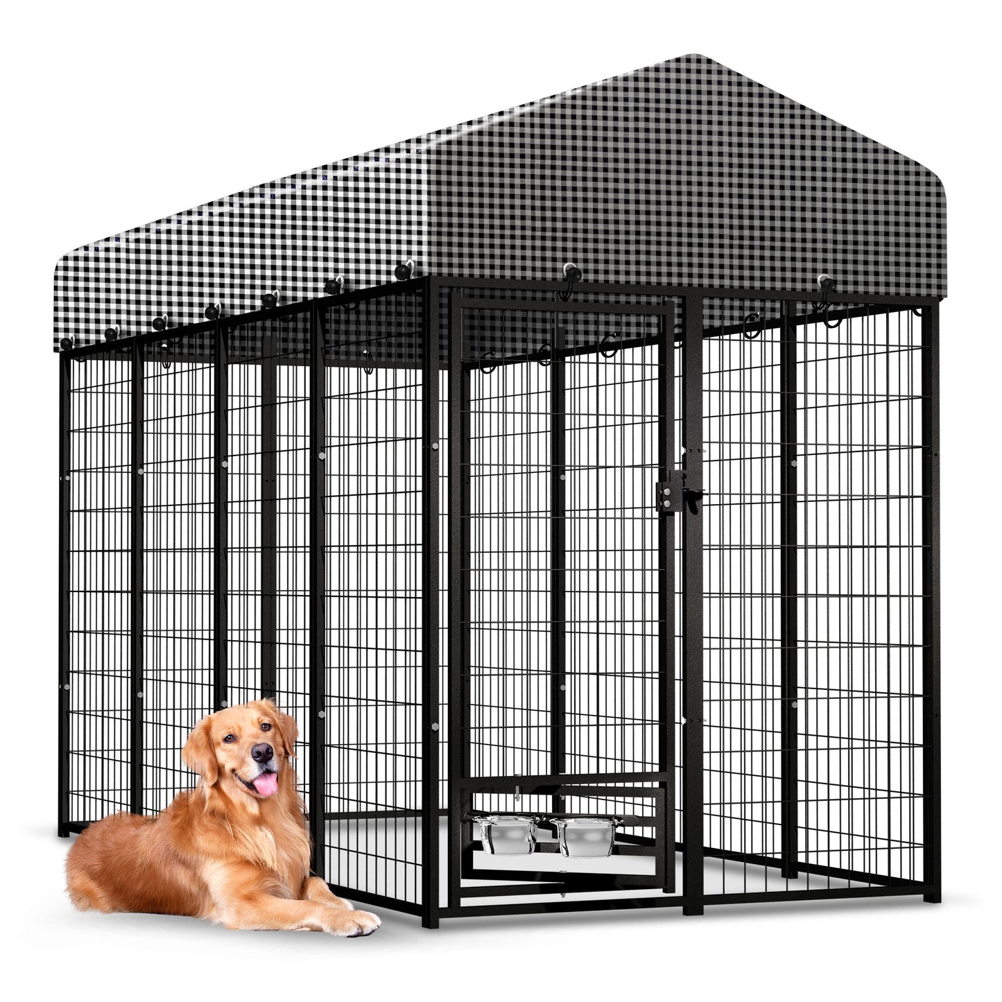 HITTITE Large Outdoor Dog Kennel, Heavy Duty Outdoor Dog Run Cage with Rotate Feeding Door, Anti-Rust Dog Kennel Outside with Waterproof & UV-Resistant Cover for Backyard, 8'L x4' W x 6'H（with Roof）