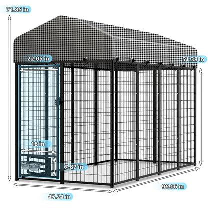 HITTITE Large Outdoor Dog Kennel, Heavy Duty Outdoor Dog Run Cage with Rotate Feeding Door, Anti-Rust Dog Kennel Outside with Waterproof & UV-Resistant Cover for Backyard, 8'L x4' W x 6'H（with Roof）