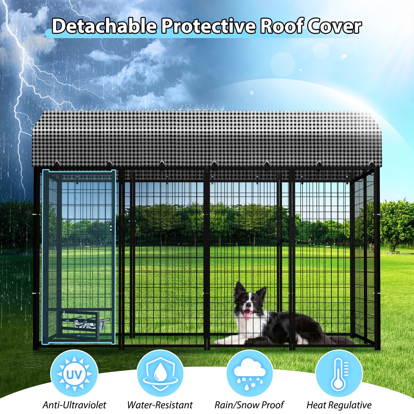 HITTITE Large Outdoor Dog Kennel, Heavy Duty Outdoor Dog Run Cage with Rotate Feeding Door, Anti-Rust Dog Kennel Outside with Waterproof & UV-Resistant Cover for Backyard, 8'L x4' W x 6'H（with Roof）