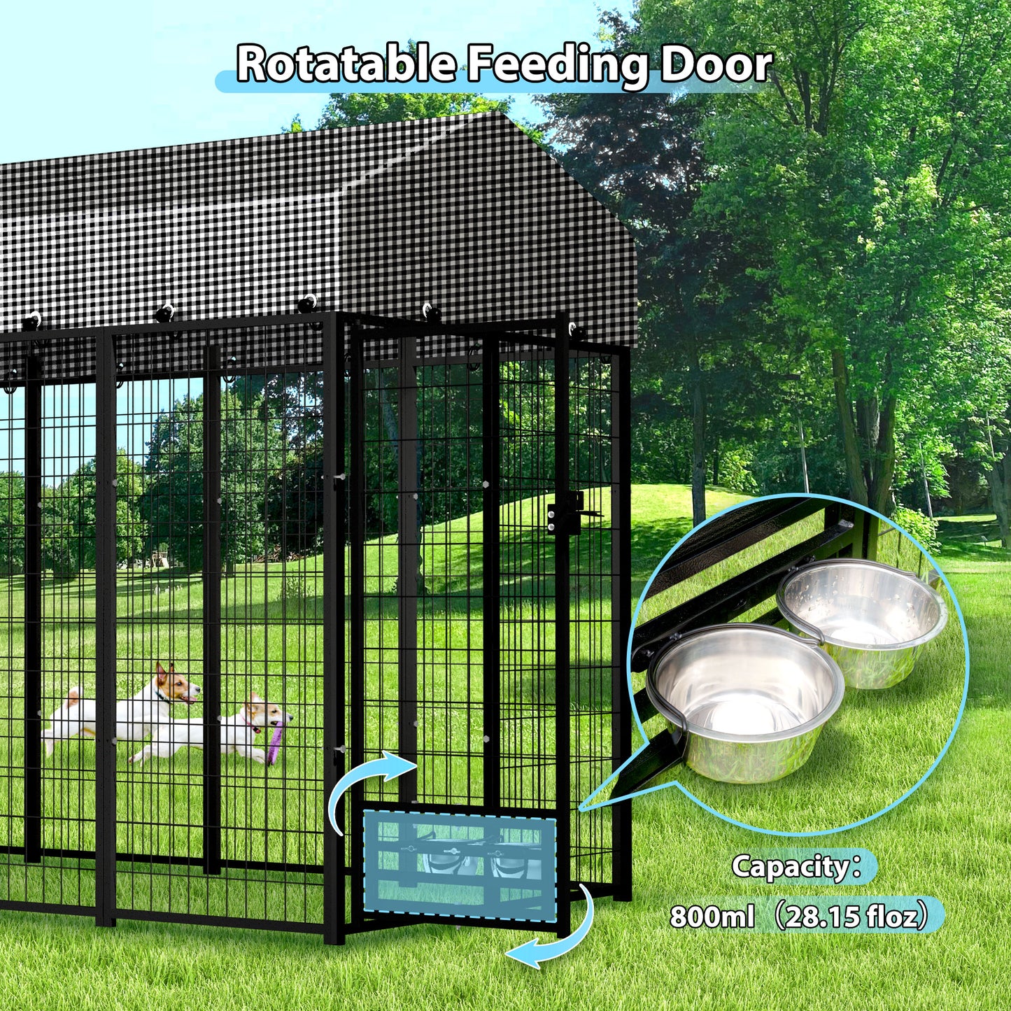 HITTITE Large Outdoor Dog Kennel, Heavy Duty Outdoor Dog Run Cage with Rotate Feeding Door, Anti-Rust Dog Kennel Outside with Waterproof & UV-Resistant Cover for Backyard, 8'L x4' W x 6'H（with Roof）