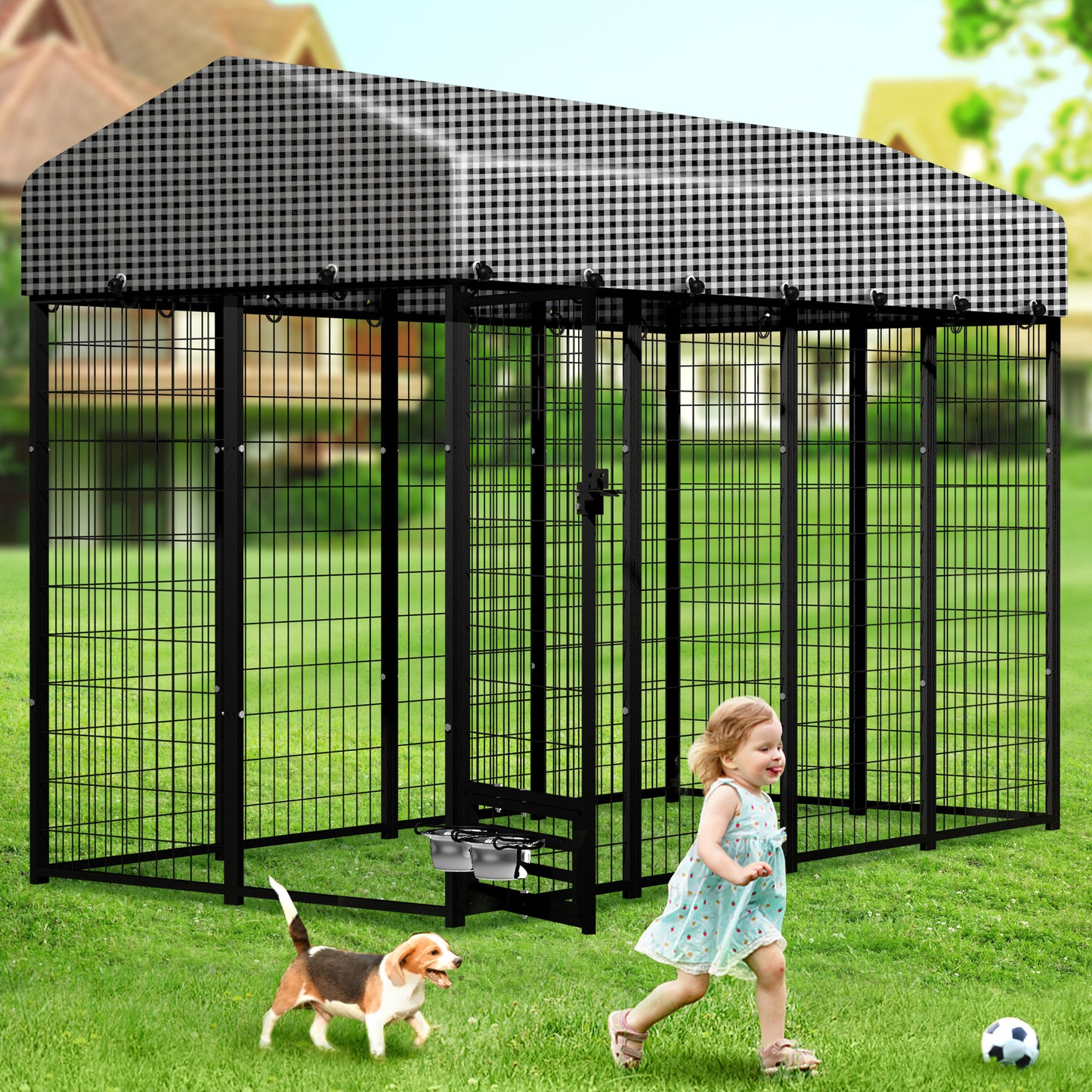 HITTITE Large Outdoor Dog Kennel, Heavy Duty Outdoor Dog Run Cage with Rotate Feeding Door, Anti-Rust Dog Kennel Outside with Waterproof & UV-Resistant Cover for Backyard, 8'L x4' W x 6'H（with Roof）