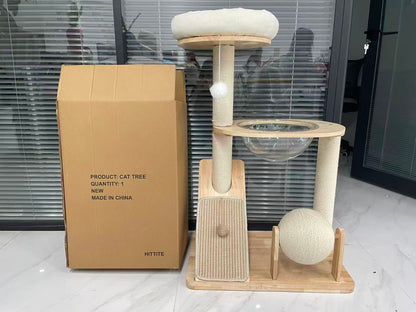 HITTITE Solid Wood Cat Tree Tower with Scratching Post, 37.8 Inches Tall Cat Towers with Scratching Board and Scratcher Ball, Modern Cat Tower With Space Capsule and Removable Top Bed for Indoor Cats.