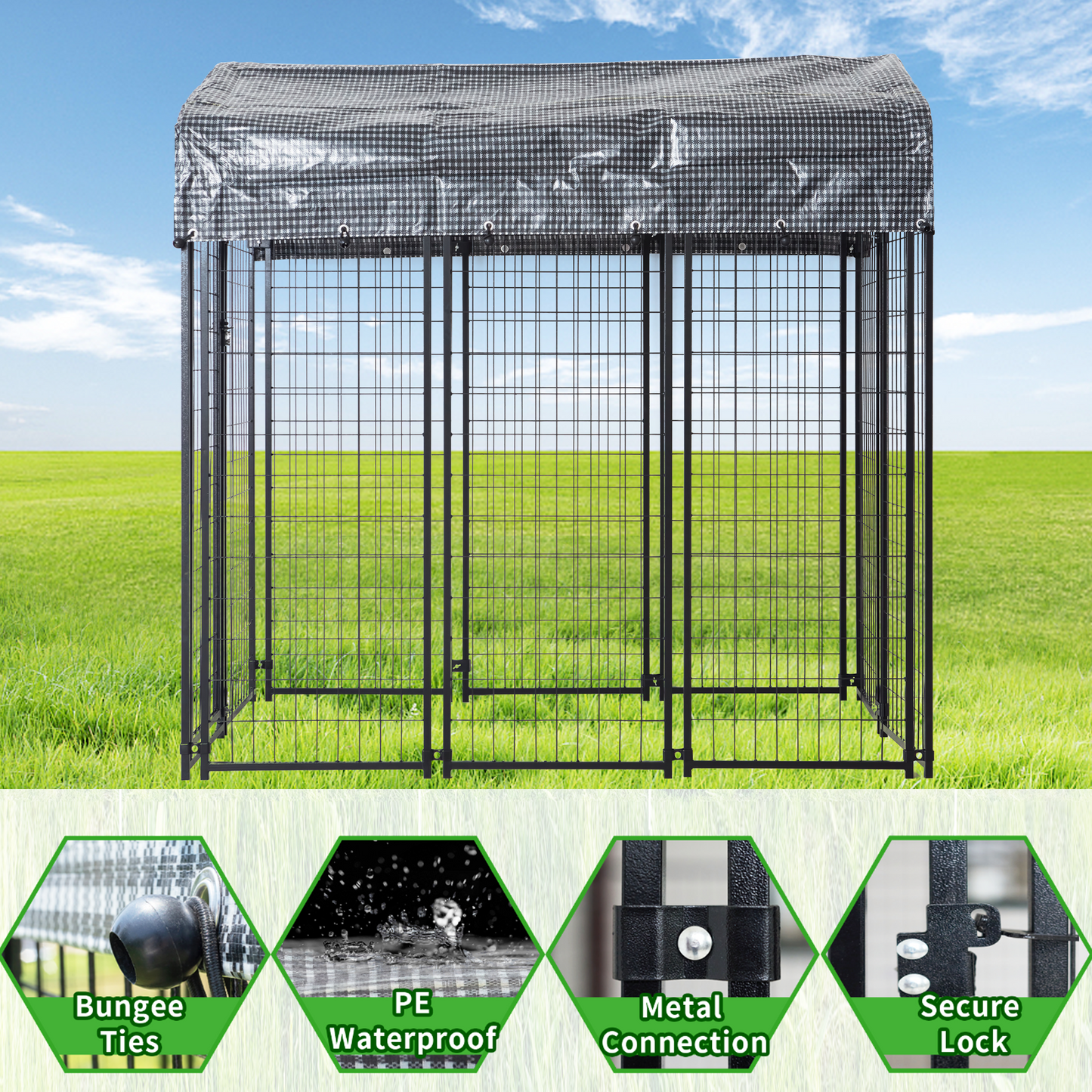 HITTITE Large Outdoor Dog Kennel, Heavy Duty Outdoor Dog Cage, Anti-Rust Dog Pens Outdoor with Waterproof UV-Resistant Cover and Secure Lock for Backyard,6'L x4' W x 6'H（with Roof）