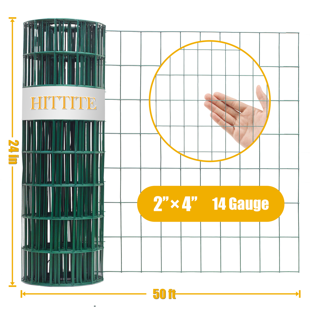 HITTITE Green PVC Coated Welded Wire Fencing, 24in x 50ft, 2 inch x 4 inch 14 GA Welded Wire Fence Rolls, Black Metal Garden Fence Wire Roll Garden Border Fencing for Yard Vegetable Plant Protection