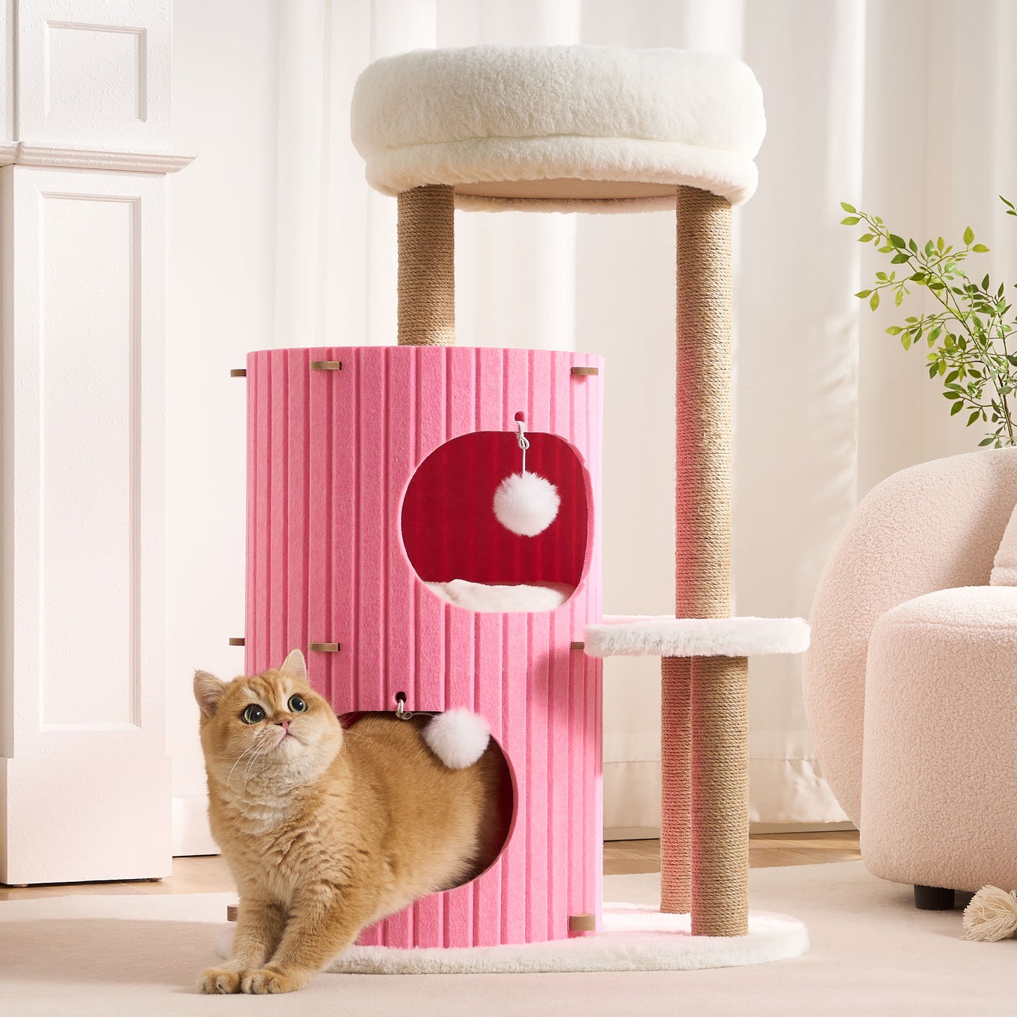 Kicari Modern Cat Tree for Indoor Cats, 36in H Cat Condo Tower with Scratching Posts, Cozy Cat Bed Cave, Washable Cushions, Dangling Balls, Play & Nap Structure for All Breeds of Cats, Brown & White