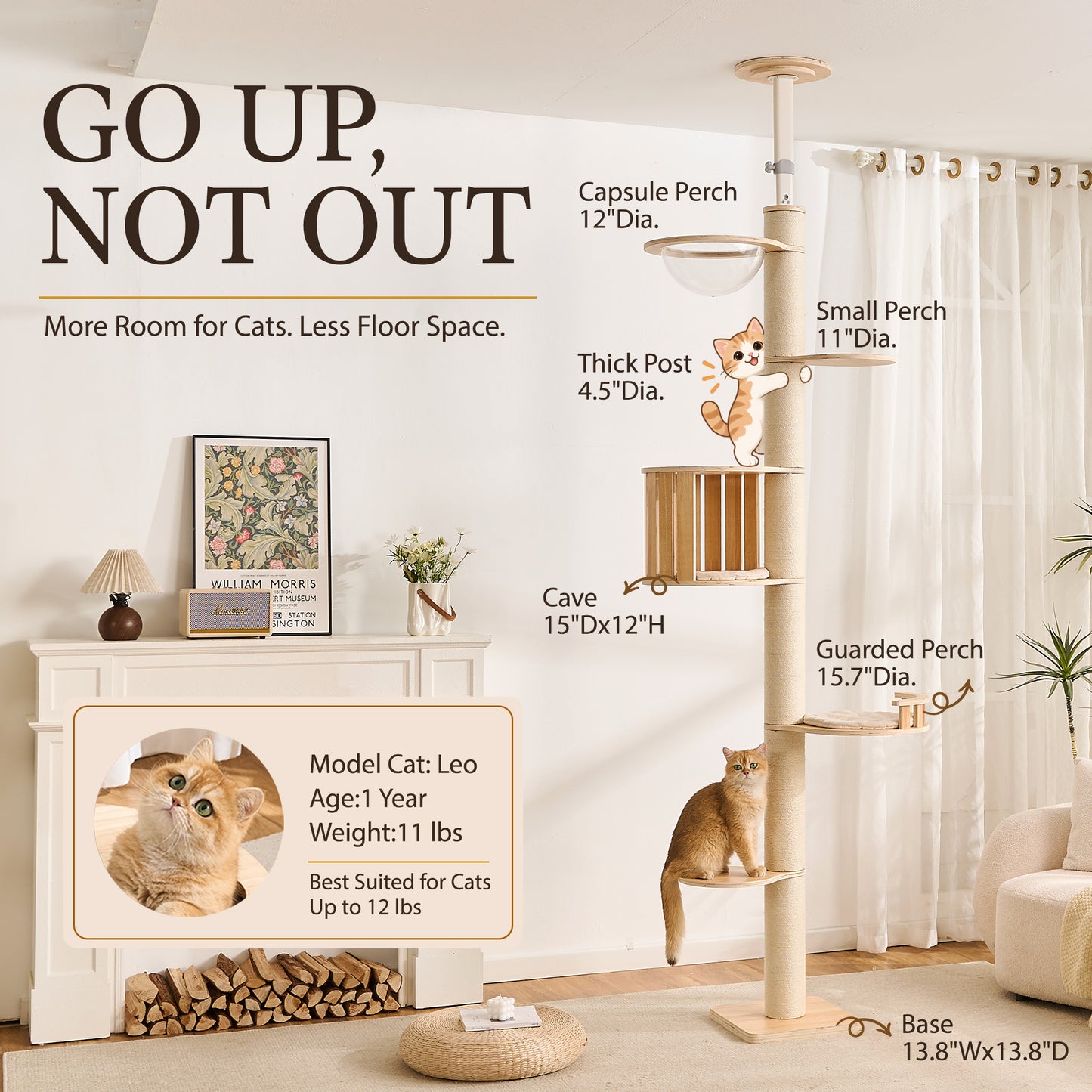 Floor to Ceiling Cat Tree, Adjustable 7.9–9.9 ft Tension Cat Tower, Modern Multi-Level Cat Tree with Thick Sisal Posts, Hidden Caves, Capsule & Perches, No Drilling