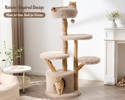 54"/ 58" Modern Aesthetic Cat Tree Tower for Indoor Cats with Branch-Style Natural Wood Scratching Posts, Luxury Plush Faux Fur Cat Bed with Natural Loft, Cave, Perches & Hanging Ball, Almond Khaki
