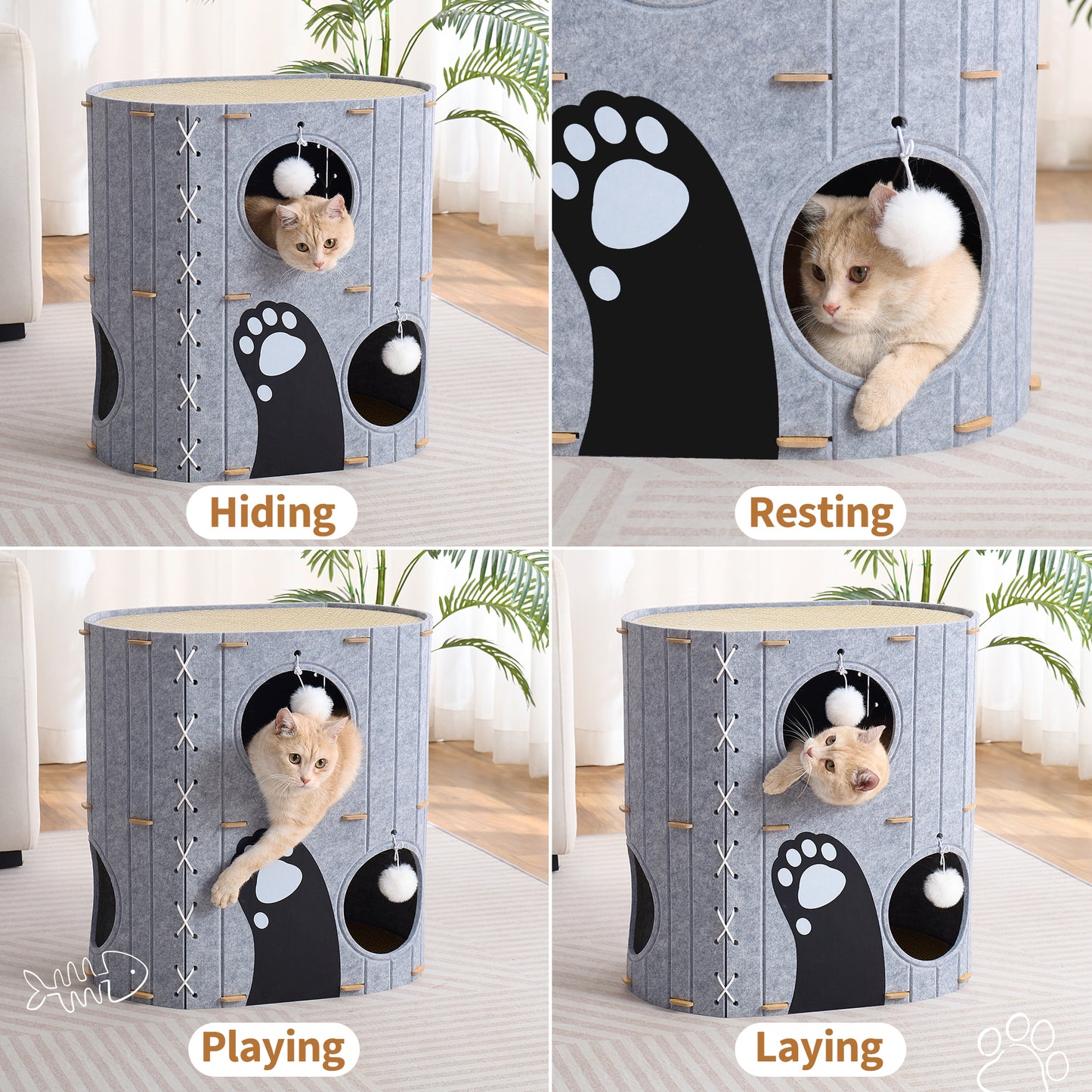 797Audio Cat House for Indoor Cats,2-Storey 23" x 15" x 23" Large Felt Covered Cat Cave for Multiple Cats, Clawsable Enclosed Cat Hideout Houses&Condos with Fluffy Ball, Cozy Scratch Resistant House