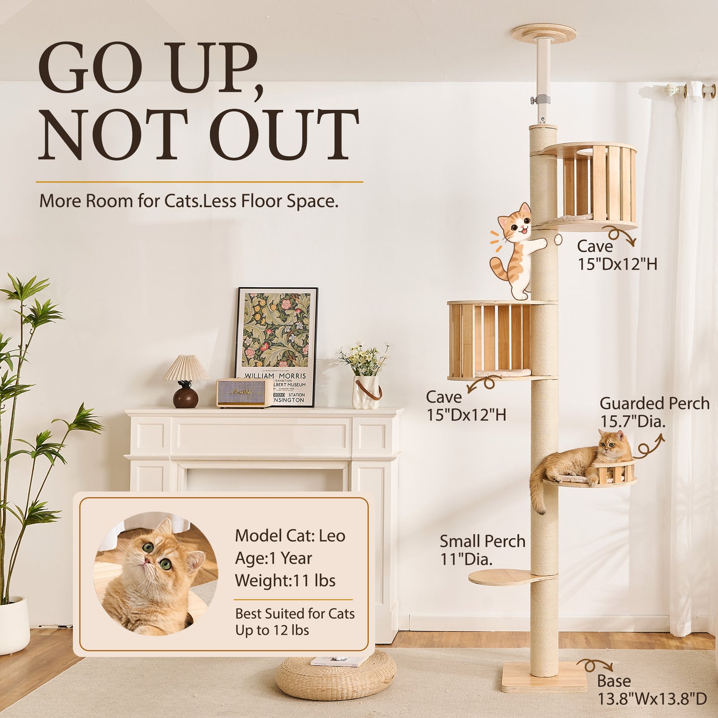 Floor to Ceiling Cat Tree, Adjustable 7.9–9.9 ft Tension Cat Tower, Modern Multi-Level Cat Tree with Thick Sisal Posts, Hidden Caves, Capsule & Perches, No Drilling