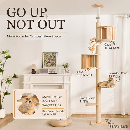 Floor to Ceiling Cat Tree, Adjustable 7.9–9.9 ft Tension Cat Tower, Modern Multi-Level Cat Tree with Thick Sisal Posts, Hidden Caves, Capsule & Perches, No Drilling