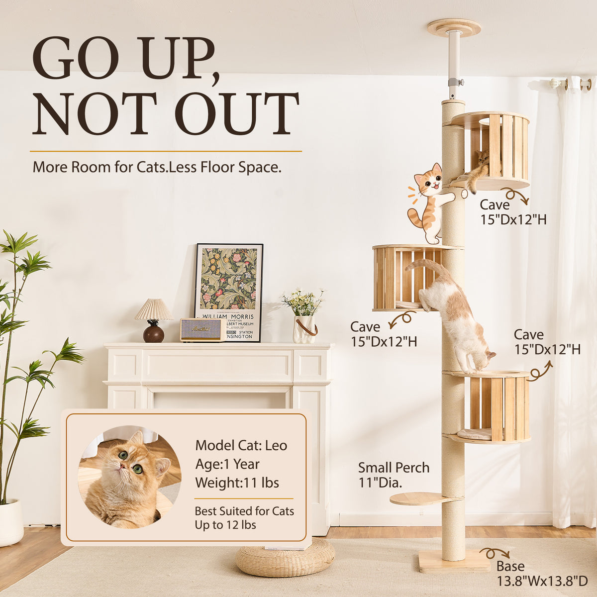 Floor to Ceiling Cat Tree, Adjustable 7.9–9.9 ft Tension Cat Tower, Modern Multi-Level Cat Tree with Thick Sisal Posts, Hidden Caves, Capsule & Perches, No Drilling