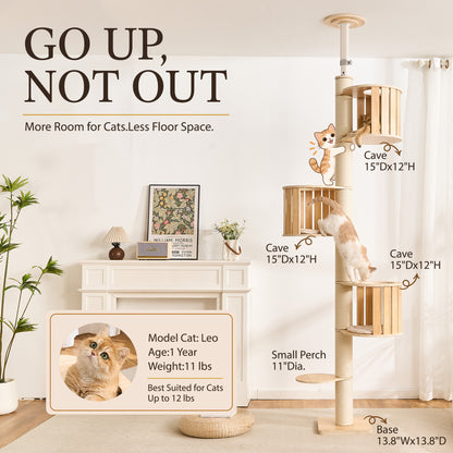 Floor to Ceiling Cat Tree, Adjustable 7.9–9.9 ft Tension Cat Tower, Modern Multi-Level Cat Tree with Thick Sisal Posts, Hidden Caves, Capsule & Perches, No Drilling