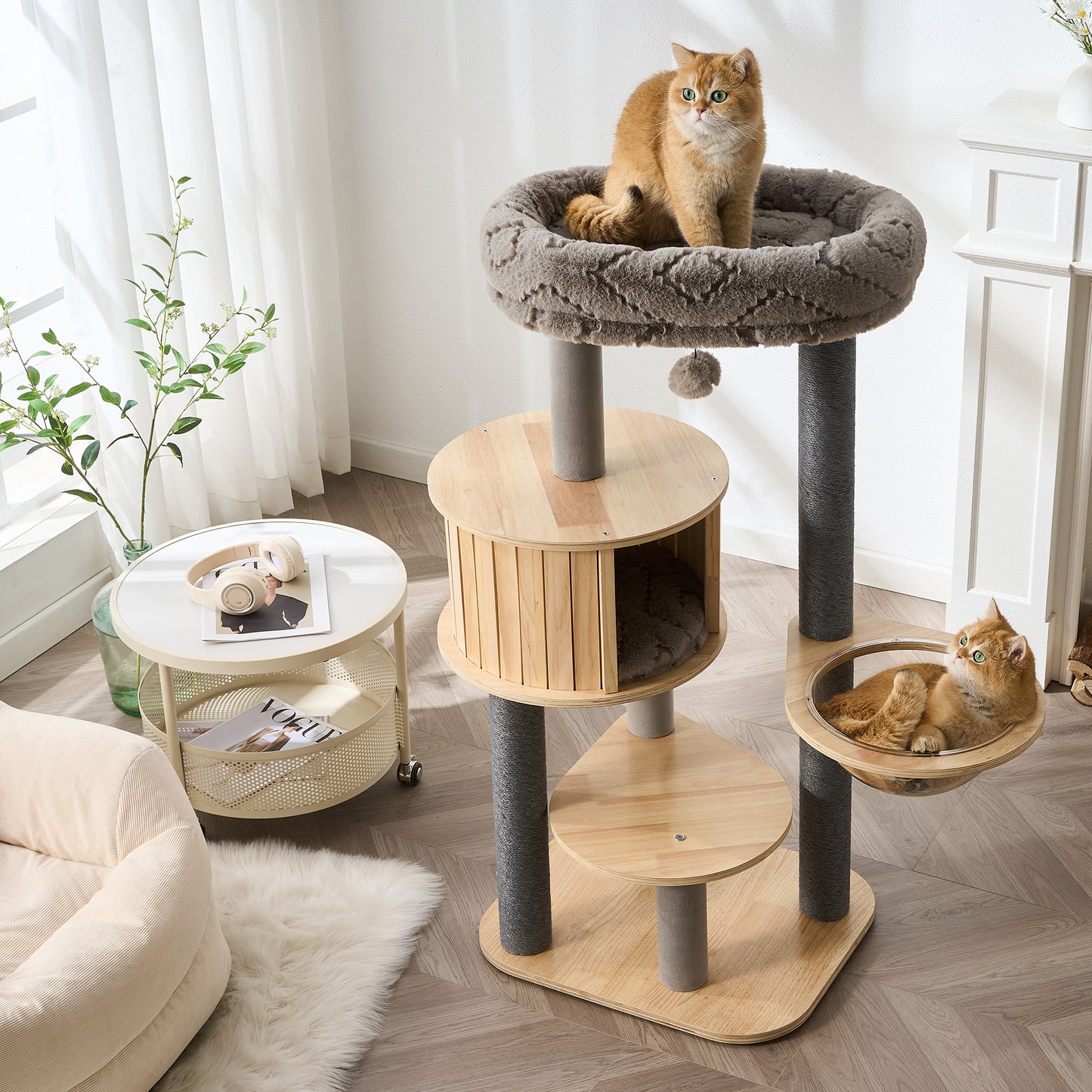 48" Modern Cat Tree for Indoor Cats with Scratching Posts, Multi-Level Wooden Cat Tower with Spacious Top Bed, Condo, Capsule Perch, Furniture-Style Cat Activity Center