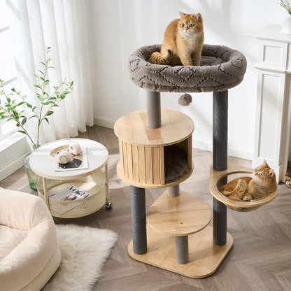 48" Modern Cat Tree for Indoor Cats with Scratching Posts, Multi-Level Wooden Cat Tower with Spacious Top Bed, Condo, Capsule Perch, Furniture-Style Cat Activity Center