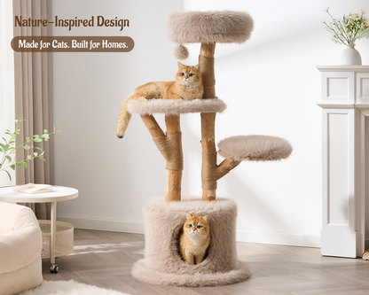 54"/ 58" Modern Aesthetic Cat Tree Tower for Indoor Cats with Branch-Style Natural Wood Scratching Posts, Luxury Plush Faux Fur Cat Bed with Natural Loft, Cave, Perches & Hanging Ball, Almond Khaki