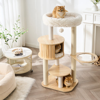 48" Modern Cat Tree for Indoor Cats with Scratching Posts, Multi-Level Wooden Cat Tower with Spacious Top Bed, Condo, Capsule Perch, Furniture-Style Cat Activity Center