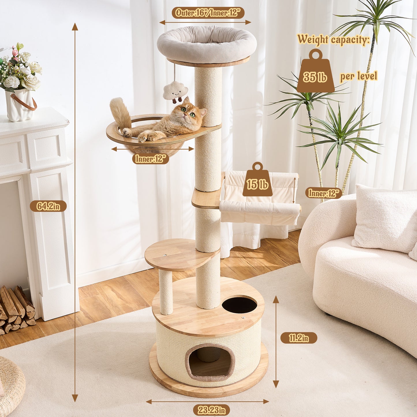 Kicari 64.2" Solid Wood Cat Tree Tower for Indoor Cats, Multi-Level Modern Cat Furniture with 20" Condo, Interchangeable Hammock & Capsule Bed, Chunky Scratching Posts for Active Cats up to 12 lbs