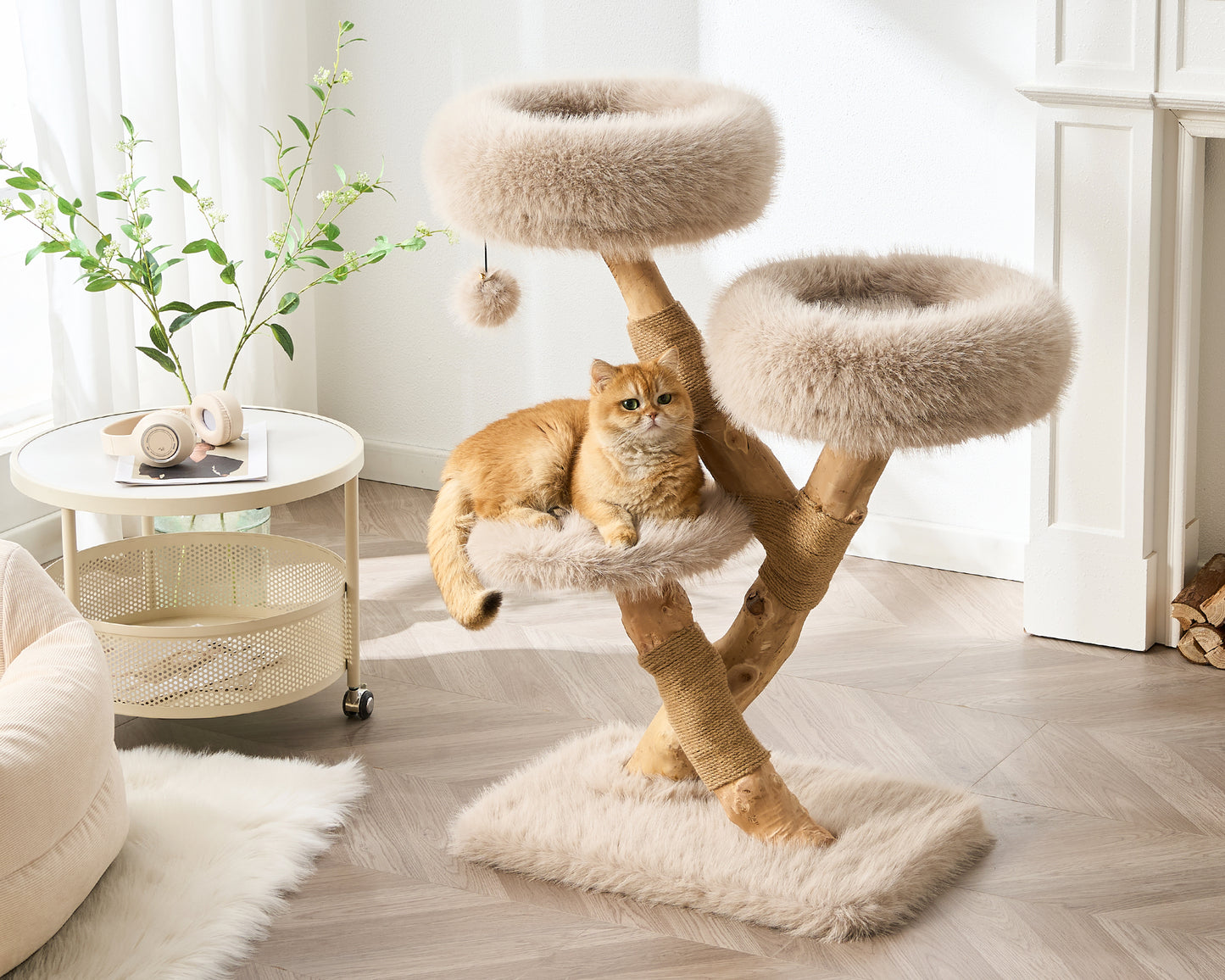 Hittite 38" Modern Cat Tree for Indoor Cats, Aesthetic Natural Wood Cat Tower with Branch-Style Scratching Posts, Luxury Plush Faux Fur Cat Beds with Natural Loft, Perch & Hanging Ball