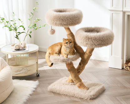 Hittite 38" Modern Cat Tree for Indoor Cats, Aesthetic Natural Wood Cat Tower with Branch-Style Scratching Posts, Luxury Plush Faux Fur Cat Beds with Natural Loft, Perch & Hanging Ball
