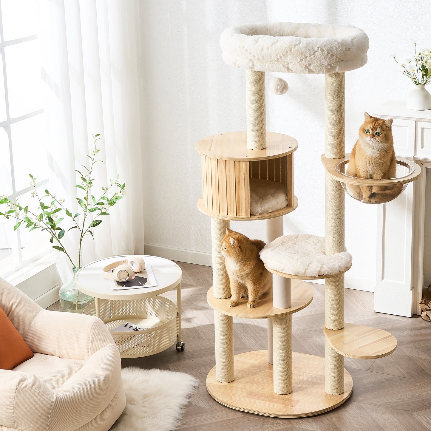 48" Modern Cat Tree for Indoor Cats with Scratching Posts, Multi-Level Wooden Cat Tower with Spacious Top Bed, Condo, Capsule Perch, Furniture-Style Cat Activity Center