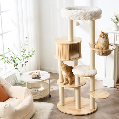 48" Modern Cat Tree for Indoor Cats with Scratching Posts, Multi-Level Wooden Cat Tower with Spacious Top Bed, Condo, Capsule Perch, Furniture-Style Cat Activity Center