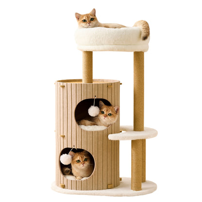 PawX Modern Cat Tree for Indoor Cats, 36in H Cat Condo Tower with Scratching Posts, Cozy Cat Bed Cave, Washable Cushions, Dangling Balls, Play & Nap Structure for All Breeds of Cats, Brown & White