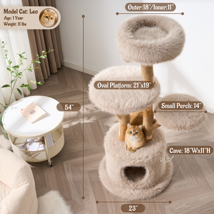 54"/ 58" Modern Aesthetic Cat Tree Tower for Indoor Cats with Branch-Style Natural Wood Scratching Posts, Luxury Plush Faux Fur Cat Bed with Natural Loft, Cave, Perches & Hanging Ball, Almond Khaki