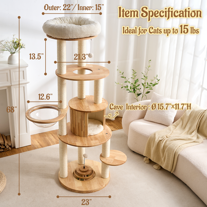 68" Tall Modern Wooden Cat Tree for Large Indoor Cats, Multi-Level Cat Tower with Sisal Scratching Posts, Spacious Top Perch, Condo & Capsule Bed, Turntable Toys, Stable Solid Wood Cat Furniture