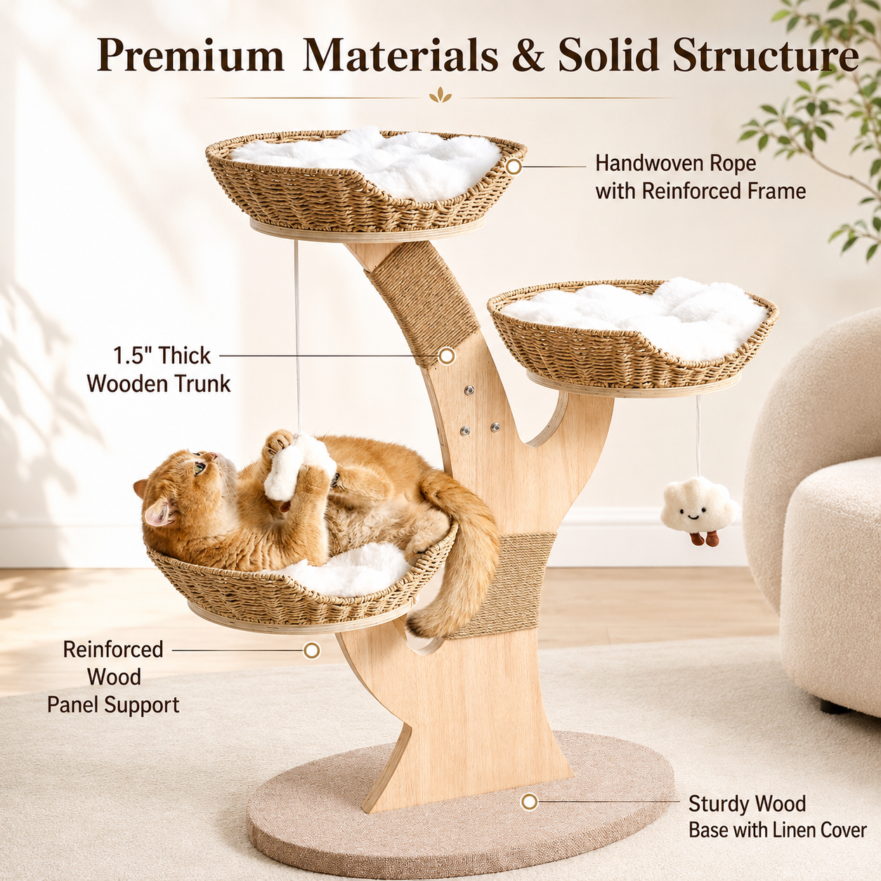 Modern Wood Cat Tree for Indoor Cats Small to Medium, Aesthetic Cat Tower with Handwoven Wicker Cat Beds, Sculpted Wood Branch Scratching Post & Interactive Squeaky Toys, Natural & White