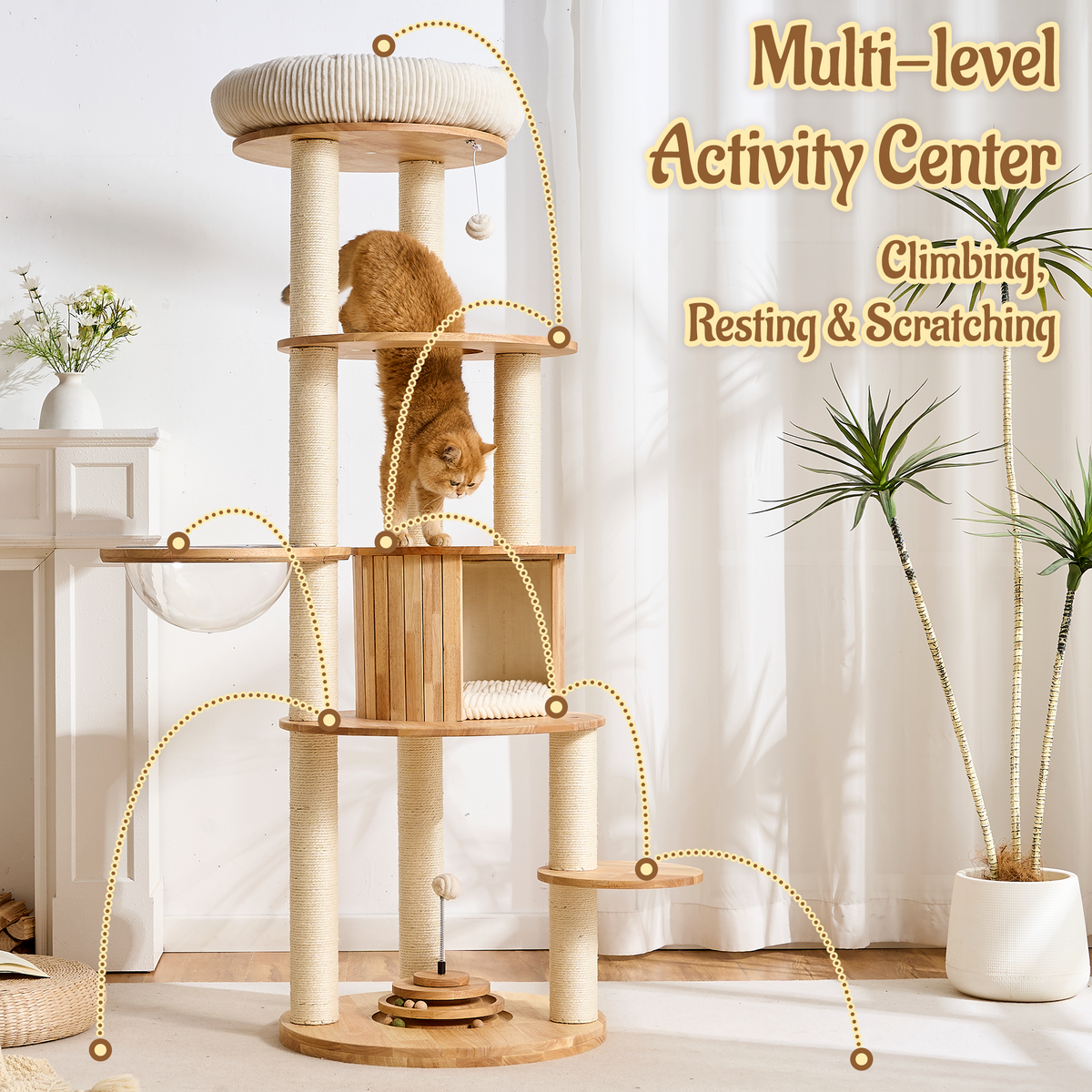 68" Tall Modern Wooden Cat Tree for Large Indoor Cats, Multi-Level Cat Tower with Sisal Scratching Posts, Spacious Top Perch, Condo & Capsule Bed, Turntable Toys, Stable Solid Wood Cat Furniture
