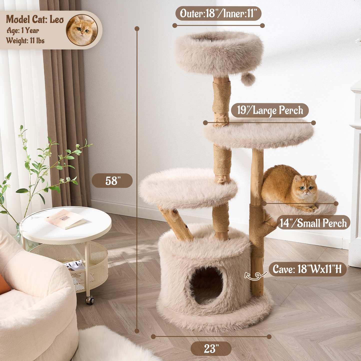 54"/ 58" Modern Aesthetic Cat Tree Tower for Indoor Cats with Branch-Style Natural Wood Scratching Posts, Luxury Plush Faux Fur Cat Bed with Natural Loft, Cave, Perches & Hanging Ball, Almond Khaki