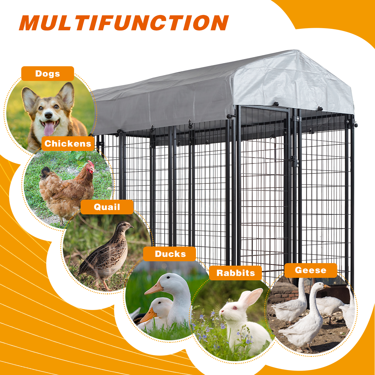 HITTITE Large Outdoor Dog Kennel, Heavy Duty Outdoor Dog Cage, Anti-Rust Dog Pens Outdoor with Waterproof UV-Resistant Cover and Secure Lock for Backyard,6'L x4' W x 6'H（with Roof）