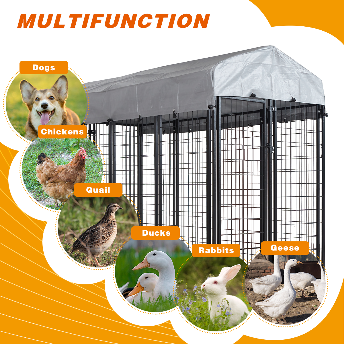 HITTITE Large Outdoor Dog Kennel, Heavy Duty Outdoor Dog Cage, Anti-Rust Dog Pens Outdoor with Waterproof UV-Resistant Cover and Secure Lock for Backyard,6&#39;L x4&#39; W x 6&#39;H（with Roof）