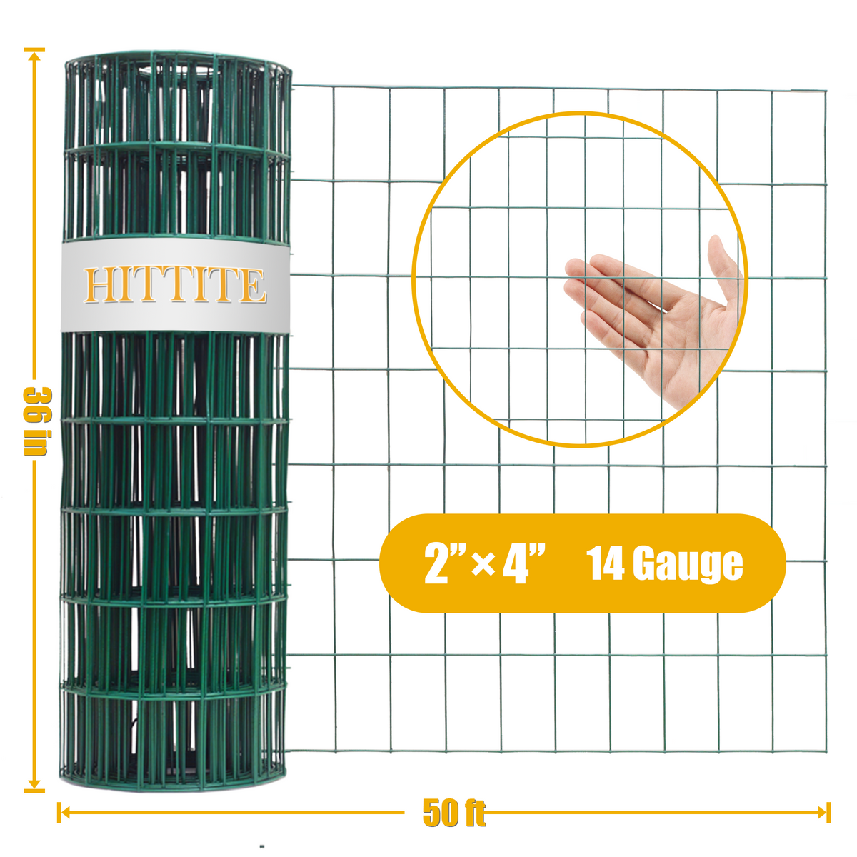 HITTITE Green PVC Coated Welded Wire Fencing, 36in x 50ft, 2 inch x 4 inch 14 GA Welded Wire Fence Rolls, Black Metal Garden Fence Wire Roll Garden Border Fencing for Yard Vegetable Plant Protection