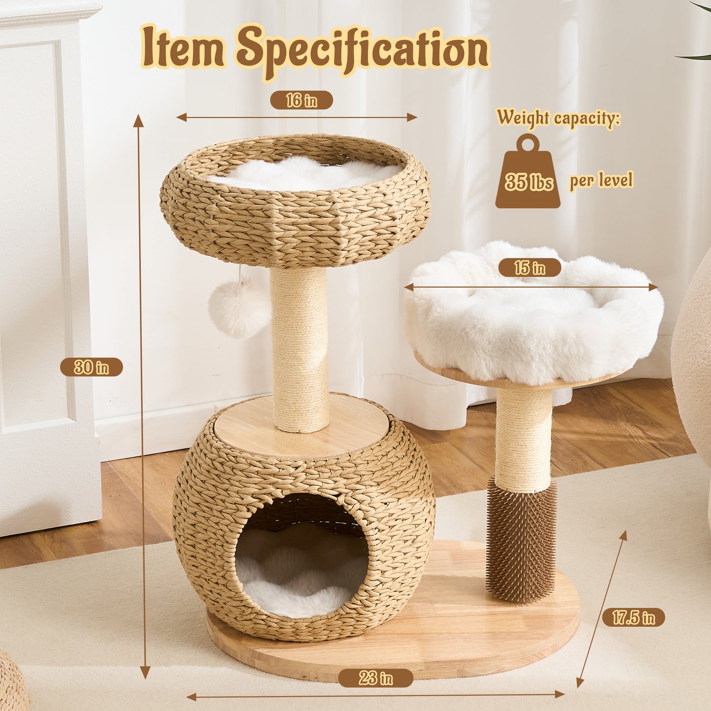 Hittite 38" Modern Cat Tree Tower for Indoor Cats, Solid Wood Cat Furniture with Handwoven Rattan Basket Bed & Cave, Sisal Scratching Posts and Self-Groomer, Space-Saving Cat Condo