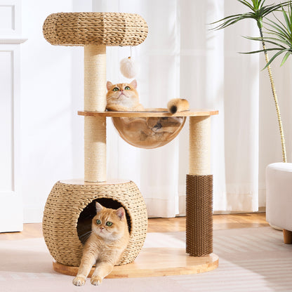 Hittite 38" Modern Cat Tree Tower for Indoor Cats, Solid Wood Cat Furniture with Handwoven Rattan Basket Bed & Cave, Sisal Scratching Posts and Self-Groomer, Space-Saving Cat Condo