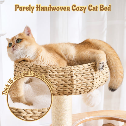 Hittite 38" Modern Cat Tree Tower for Indoor Cats, Solid Wood Cat Furniture with Handwoven Rattan Basket Bed & Cave, Sisal Scratching Posts and Self-Groomer, Space-Saving Cat Condo