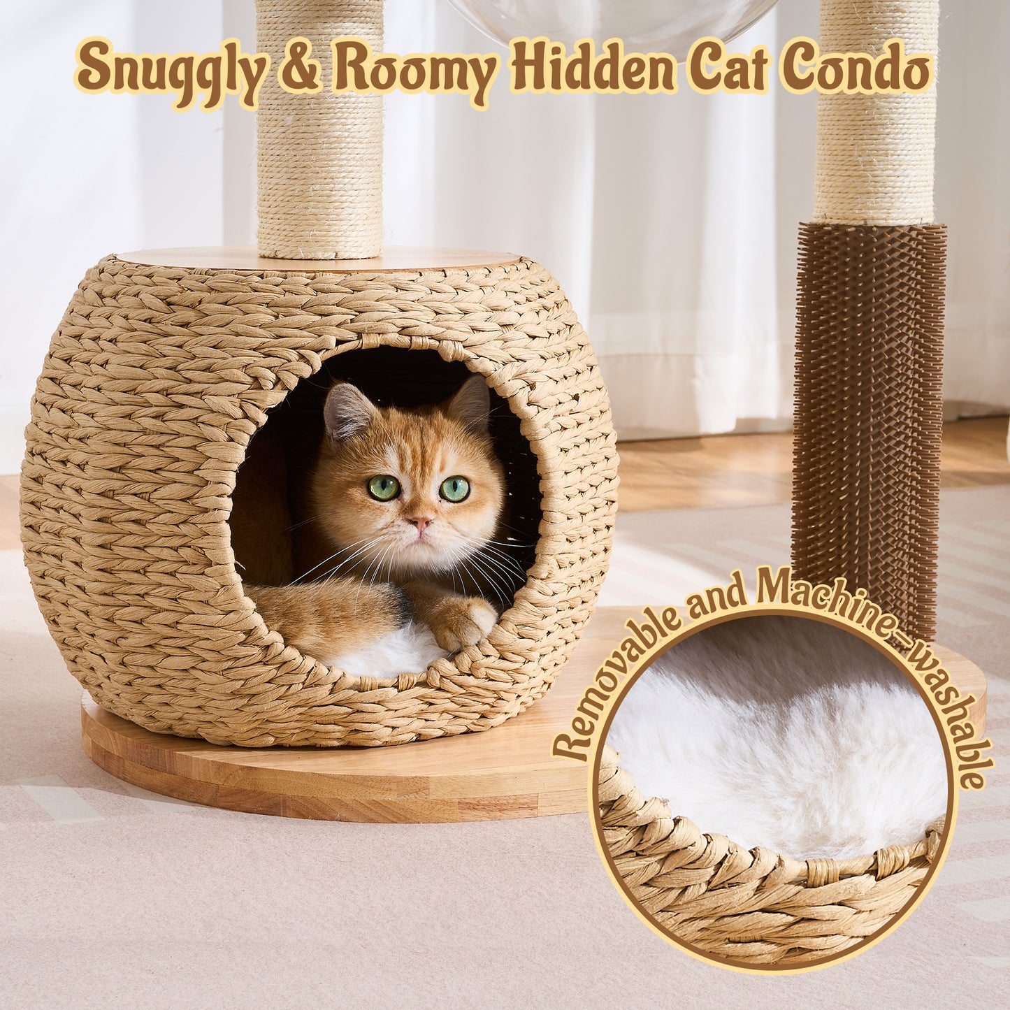 Hittite 38" Modern Cat Tree Tower for Indoor Cats, Solid Wood Cat Furniture with Handwoven Rattan Basket Bed & Cave, Sisal Scratching Posts and Self-Groomer, Space-Saving Cat Condo