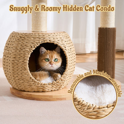 Hittite 38" Modern Cat Tree Tower for Indoor Cats, Solid Wood Cat Furniture with Handwoven Rattan Basket Bed & Cave, Sisal Scratching Posts and Self-Groomer, Space-Saving Cat Condo