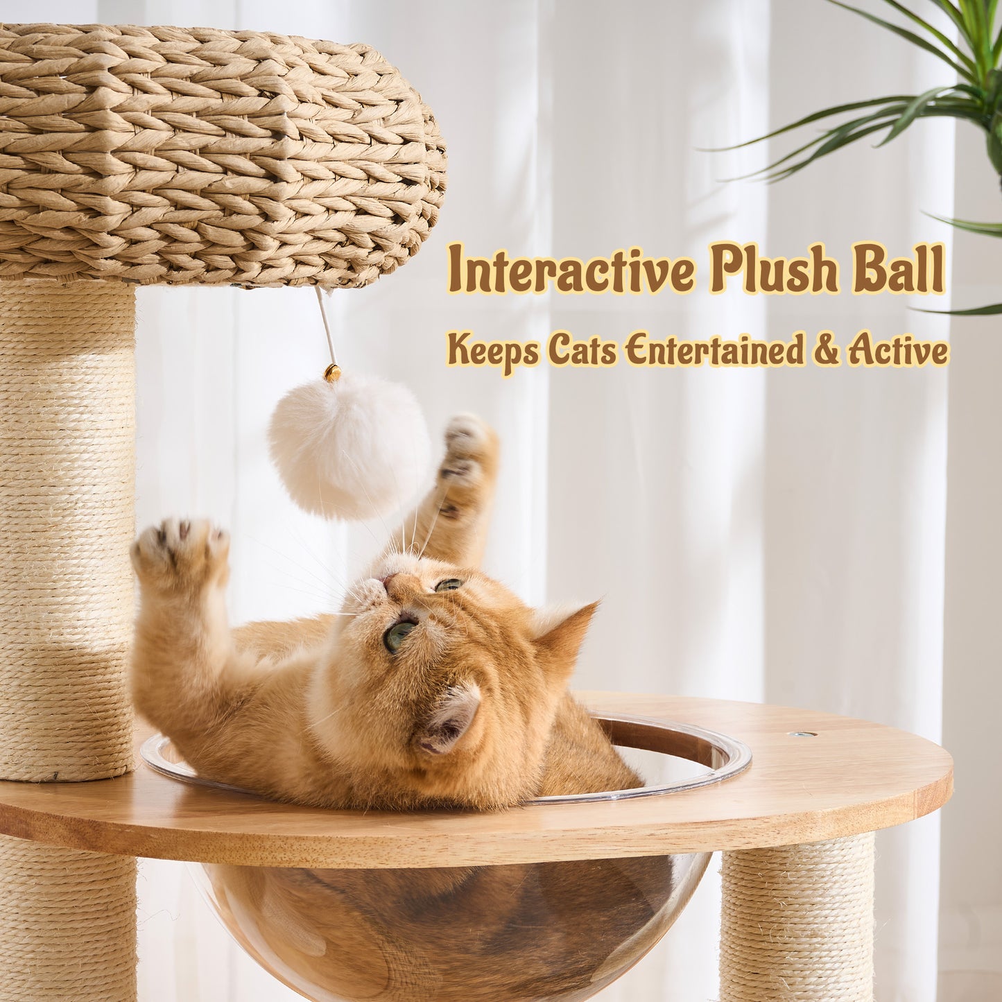 Hittite 38" Modern Cat Tree Tower for Indoor Cats, Solid Wood Cat Furniture with Handwoven Rattan Basket Bed & Cave, Sisal Scratching Posts and Self-Groomer, Space-Saving Cat Condo