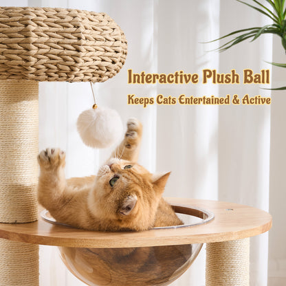 Hittite 38" Modern Cat Tree Tower for Indoor Cats, Solid Wood Cat Furniture with Handwoven Rattan Basket Bed & Cave, Sisal Scratching Posts and Self-Groomer, Space-Saving Cat Condo