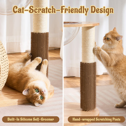 Hittite 38" Modern Cat Tree Tower for Indoor Cats, Solid Wood Cat Furniture with Handwoven Rattan Basket Bed & Cave, Sisal Scratching Posts and Self-Groomer, Space-Saving Cat Condo