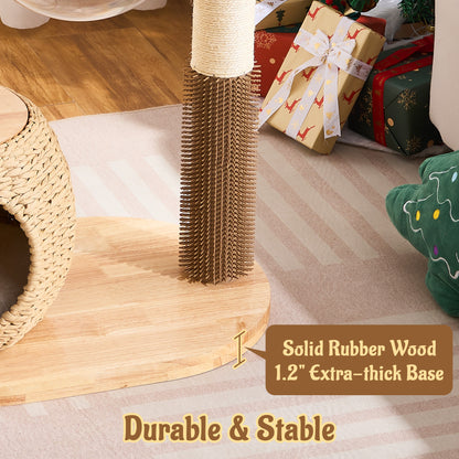 Hittite 38" Modern Cat Tree Tower for Indoor Cats, Solid Wood Cat Furniture with Handwoven Rattan Basket Bed & Cave, Sisal Scratching Posts and Self-Groomer, Space-Saving Cat Condo
