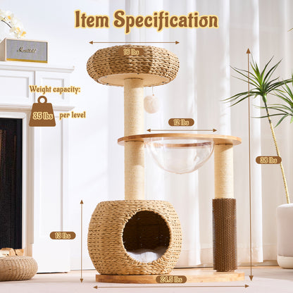 Hittite 38" Modern Cat Tree Tower for Indoor Cats, Solid Wood Cat Furniture with Handwoven Rattan Basket Bed & Cave, Sisal Scratching Posts and Self-Groomer, Space-Saving Cat Condo
