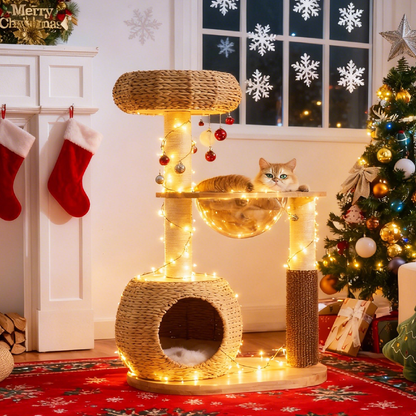 Hittite 38" Modern Cat Tree Tower for Indoor Cats, Solid Wood Cat Furniture with Handwoven Rattan Basket Bed & Cave, Sisal Scratching Posts and Self-Groomer, Space-Saving Cat Condo