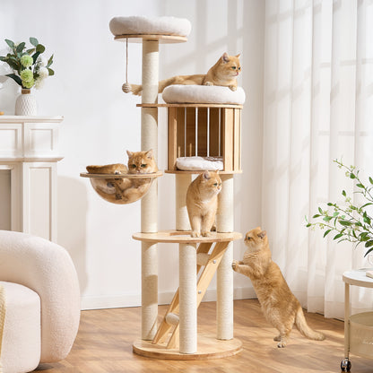 Hittite Modern Cat Tree Tower with Scratching Post, 61.5in Tall Cat Tree for Indoor Cats, Multi-Level Solid Wood Cat Furniture, Cozy Cat Beds, Cat Condo, Capsule Nest, Dangling Toy, Natural