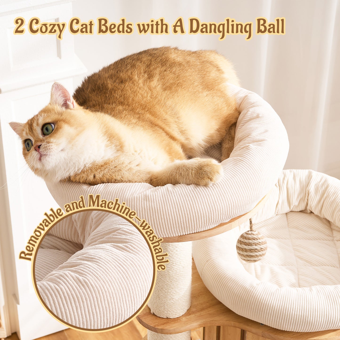 Hittite Modern Cat Tree Tower with Scratching Post, 61.5in Tall Cat Tree for Indoor Cats, Multi-Level Solid Wood Cat Furniture, Cozy Cat Beds, Cat Condo, Capsule Nest, Dangling Toy, Natural